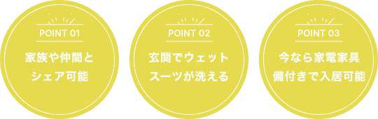 3つのポイント。シェア可能・玄関でウェットスーツが洗える・今なら家電家具備え付き