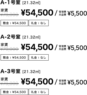 賃貸A棟価格:54,500円, 管理費:5,500円