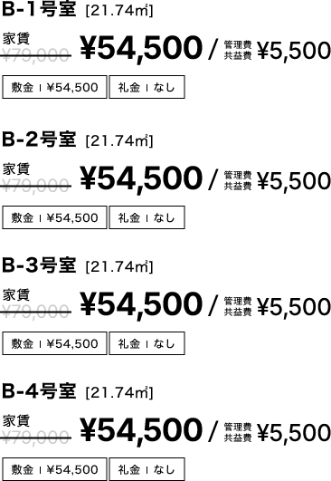 賃貸A棟価格:54,500円, 管理費:5,500円